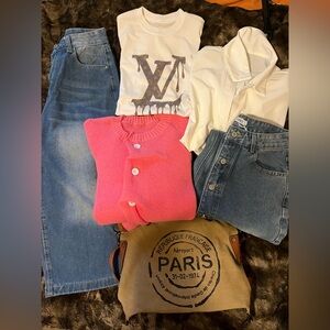 6pc Casual Capsule Bundle – Wide Leg Denim, Cardigan, Blouse, Tee + Paris Bag